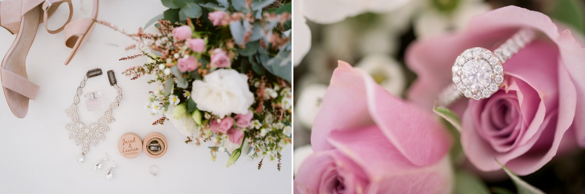 wedding prep details bouquet and ring